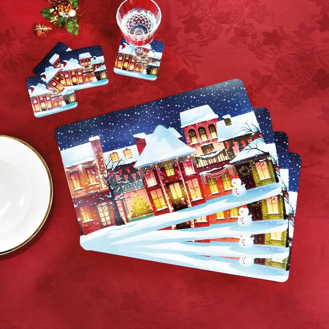 Décorations Intérieures Noël|Table De Noël-Tempsl 4 sets + 4 dessous de verres Noël sous la neige